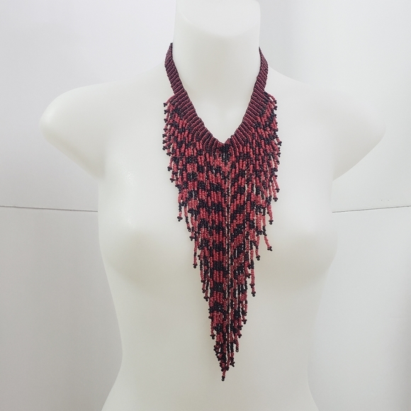 New Coral & Black Glass Seed Bead Fringe Necklace - Picture 3 of 5
